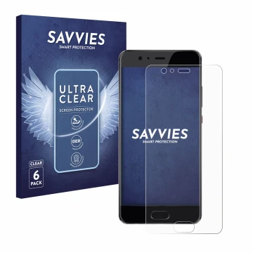 Parte frontal de un envase de producto con el logotipo de la marca Savvies. Al lado se muestra el dispositivo Huawei P10 Plus 