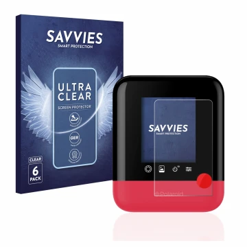 Parte frontal de un envase de producto con el logotipo de la marca Savvies. Al lado se muestra el dispositivo Polaroid Pop con