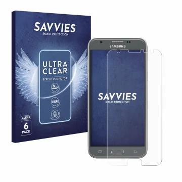 Parte frontal de un envase de producto con el logotipo de la marca Savvies. Al lado se muestra el dispositivo Samsung Galaxy J