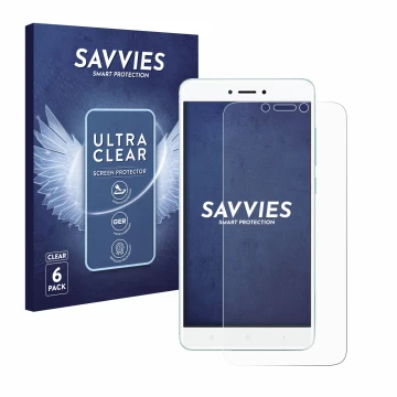 Parte frontal de un envase de producto con el logotipo de la marca Savvies. Al lado se muestra el dispositivo Xiaomi Redmi 4X 