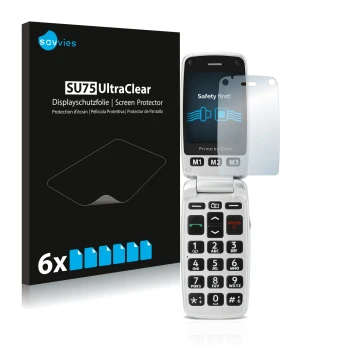 Parte frontal de un envase de producto con el logotipo de la marca Savvies. Al lado se muestra el dispositivo Doro Primo 413 c