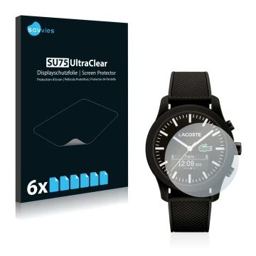 Parte frontal de un envase de producto con el logotipo de la marca Savvies. Al lado se muestra el dispositivo Lacoste 12.12 Co