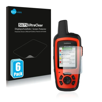 Parte frontal de un envase de producto con el logotipo de la marca Savvies. Al lado se muestra el dispositivo Garmin inReach E