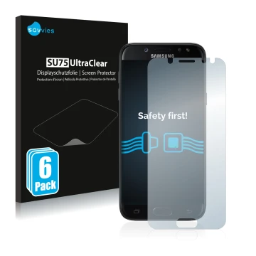 Parte frontal de un envase de producto con el logotipo de la marca Savvies. Al lado se muestra el dispositivo Samsung Galaxy J
