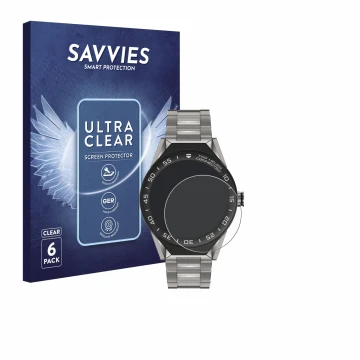 Parte frontal de un envase de producto con el logotipo de la marca Savvies. Al lado se muestra el dispositivo TAG Heuer Connec