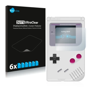 Parte frontal de un envase de producto con el logotipo de la marca Savvies. Al lado se muestra el dispositivo Nintendo Gameboy