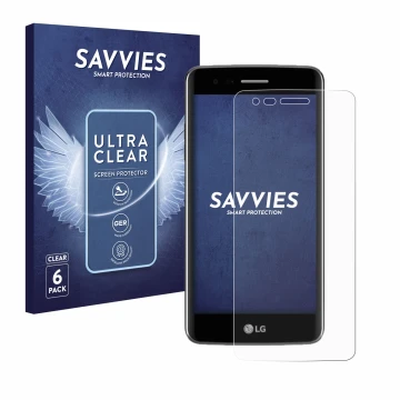 Parte frontal de un envase de producto con el logotipo de la marca Savvies. Al lado se muestra el dispositivo LG K8 2017 con s