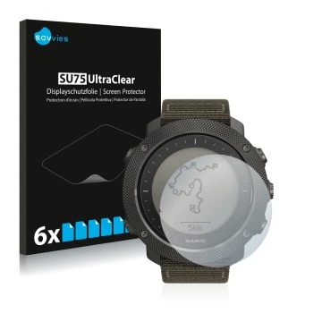 Parte frontal de un envase de producto con el logotipo de la marca Savvies. Al lado se muestra el dispositivo Suunto Traverse 