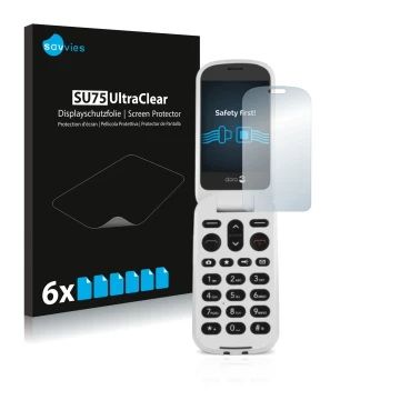 Parte frontal de un envase de producto con el logotipo de la marca Savvies. Al lado se muestra el dispositivo Doro 6050 con su