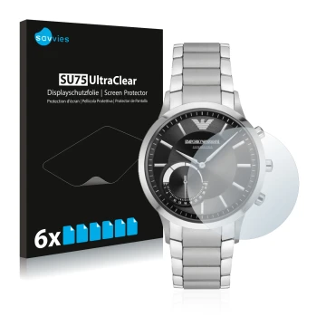 Parte frontal de un envase de producto con el logotipo de la marca Savvies. Al lado se muestra el dispositivo Emporio Armani C