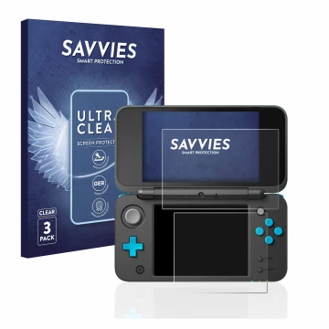 Parte frontal de un envase de producto con el logotipo de la marca Savvies. Al lado se muestra el dispositivo Nintendo 2DS XL 