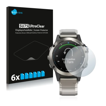 Parte frontal de un envase de producto con el logotipo de la marca Savvies. Al lado se muestra el dispositivo Garmin quatix 5 