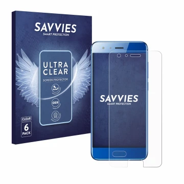 Parte frontal de un envase de producto con el logotipo de la marca Savvies. Al lado se muestra el dispositivo Honor 9 con su p