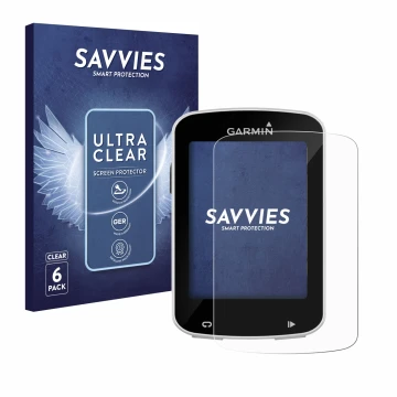 Parte frontal de un envase de producto con el logotipo de la marca Savvies. Al lado se muestra el dispositivo Garmin Edge Expl