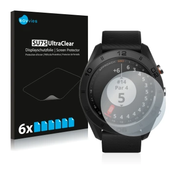 Parte frontal de un envase de producto con el logotipo de la marca Savvies. Al lado se muestra el dispositivo Garmin Approach 