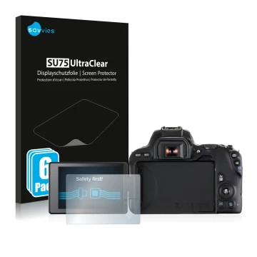 Parte frontal de un envase de producto con el logotipo de la marca Savvies. Al lado se muestra el dispositivo Canon EOS 200D c