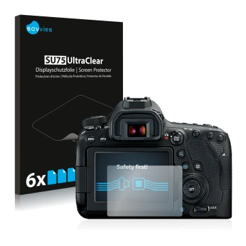 Parte frontal de un envase de producto con el logotipo de la marca Savvies. Al lado se muestra el dispositivo Canon EOS 6D Mar