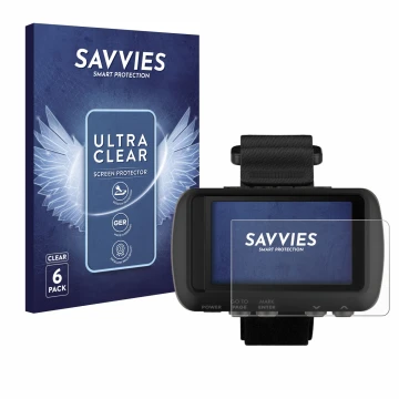Parte frontal de un envase de producto con el logotipo de la marca Savvies. Al lado se muestra el dispositivo Garmin Foretrex 