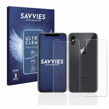 Parte frontal de un envase de producto con el logotipo de la marca Savvies. Al lado se muestra el dispositivo Apple iPhone X (