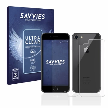 Parte frontal de un envase de producto con el logotipo de la marca Savvies. Al lado se muestra el dispositivo Apple iPhone 8 (