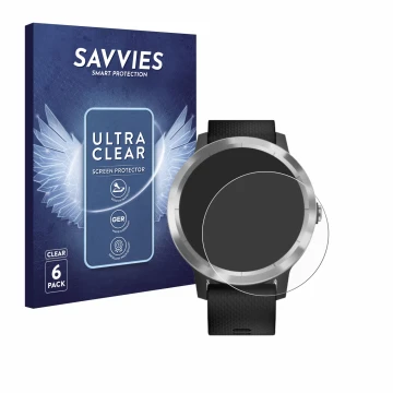 Parte frontal de un envase de producto con el logotipo de la marca Savvies. Al lado se muestra el dispositivo Garmin vivoactiv