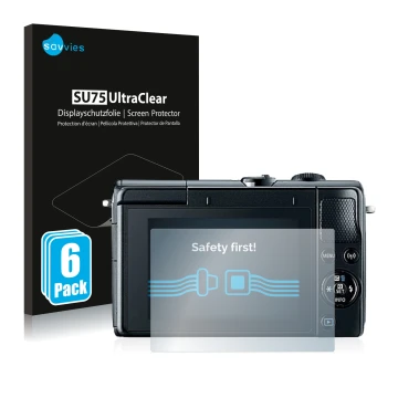 Parte frontal de un envase de producto con el logotipo de la marca Savvies. Al lado se muestra el dispositivo Canon EOS M100 c