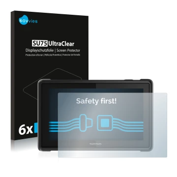 Parte frontal de un envase de producto con el logotipo de la marca Savvies. Al lado se muestra el dispositivo TomTom Pro 8275 