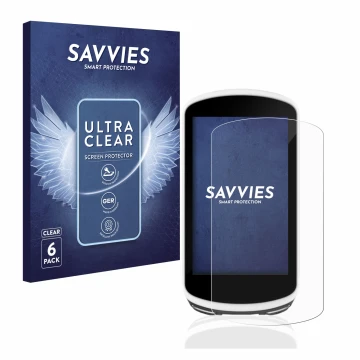 Parte frontal de un envase de producto con el logotipo de la marca Savvies. Al lado se muestra el dispositivo Garmin Edge 1030