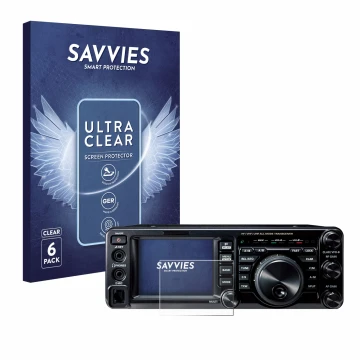 Parte frontal de un envase de producto con el logotipo de la marca Savvies. Al lado se muestra el dispositivo Yaesu FT-991A co