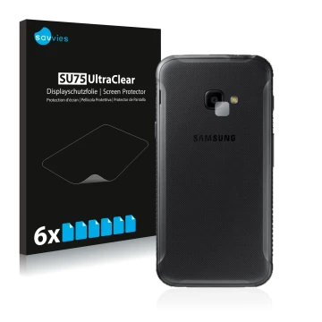 Parte frontal de un envase de producto con el logotipo de la marca Savvies. Al lado se muestra el dispositivo Samsung Galaxy X