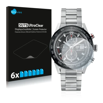 Parte frontal de un envase de producto con el logotipo de la marca Savvies. Al lado se muestra el dispositivo TAG Heuer Carrer