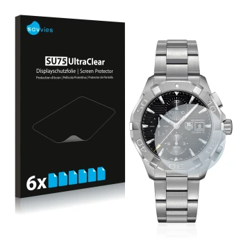 Parte frontal de un envase de producto con el logotipo de la marca Savvies. Al lado se muestra el dispositivo TAG Heuer Aquara