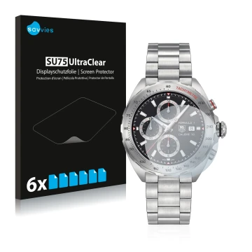Parte frontal de un envase de producto con el logotipo de la marca Savvies. Al lado se muestra el dispositivo TAG Heuer Formul