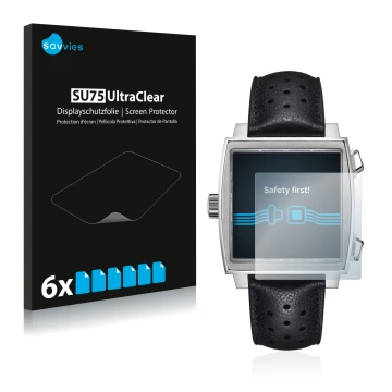 Parte frontal de un envase de producto con el logotipo de la marca Savvies. Al lado se muestra el dispositivo TAG Heuer Monaco