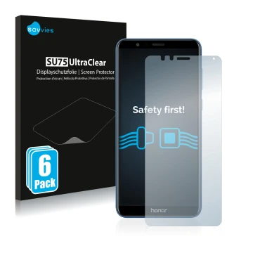 Parte frontal de un envase de producto con el logotipo de la marca Savvies. Al lado se muestra el dispositivo Honor 7X con su 