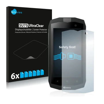 Parte frontal de un envase de producto con el logotipo de la marca Savvies. Al lado se muestra el dispositivo Crosscall Trekke