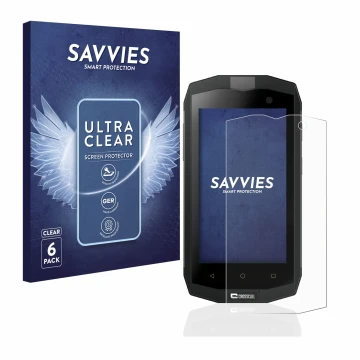 Parte frontal de un envase de producto con el logotipo de la marca Savvies. Al lado se muestra el dispositivo Crosscall Trekke