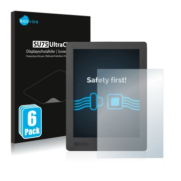 Parte frontal de un envase de producto con el logotipo de la marca Savvies. Al lado se muestra el dispositivo Kobo Aura H2O Ed