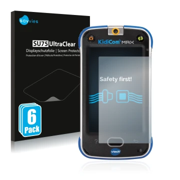 Parte frontal de un envase de producto con el logotipo de la marca Savvies. Al lado se muestra el dispositivo Vtech Kidicom Ma