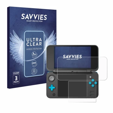 Parte frontal de un envase de producto con el logotipo de la marca Savvies. Al lado se muestra el dispositivo New Nintendo 2DS