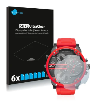 Parte frontal de un envase de producto con el logotipo de la marca Savvies. Al lado se muestra el dispositivo Diesel DZ7370 co