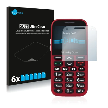 Parte frontal de un envase de producto con el logotipo de la marca Savvies. Al lado se muestra el dispositivo Doro Primo 366 c