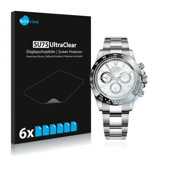 Parte frontal de un envase de producto con el logotipo de la marca Savvies. Al lado se muestra el dispositivo Rolex Cosmograph