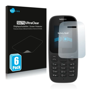 Parte frontal de un envase de producto con el logotipo de la marca Savvies. Al lado se muestra el dispositivo Nokia 105 2017 c