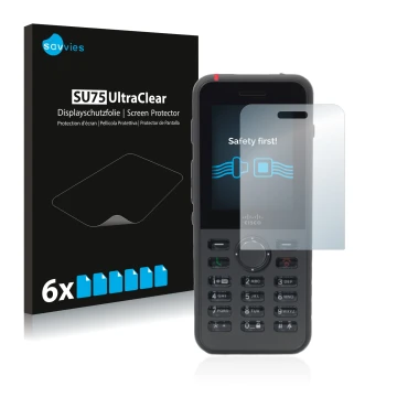 Parte frontal de un envase de producto con el logotipo de la marca Savvies. Al lado se muestra el dispositivo Cisco IP Phone 8