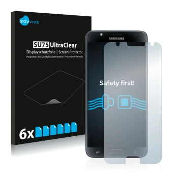 Parte frontal de un envase de producto con el logotipo de la marca Savvies. Al lado se muestra el dispositivo Samsung Galaxy J