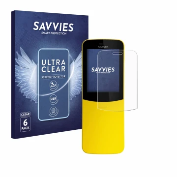 Parte frontal de un envase de producto con el logotipo de la marca Savvies. Al lado se muestra el dispositivo Nokia 8110 con s