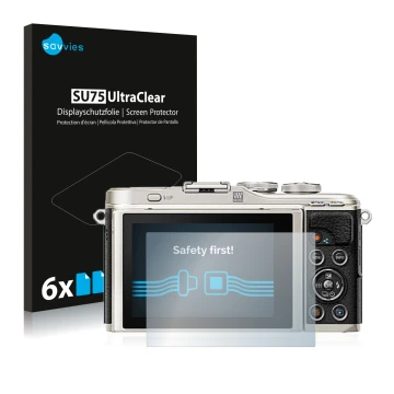 Parte frontal de un envase de producto con el logotipo de la marca Savvies. Al lado se muestra el dispositivo Olympus PEN E-PL