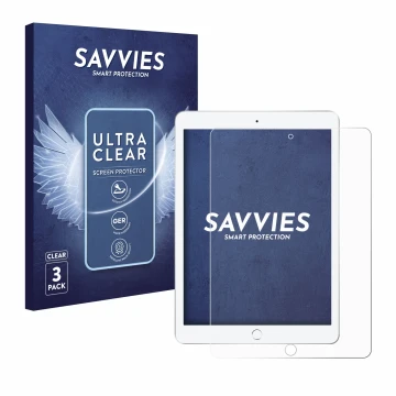 Parte frontal de un envase de producto con el logotipo de la marca Savvies. Al lado se muestra el dispositivo Apple iPad 9.7