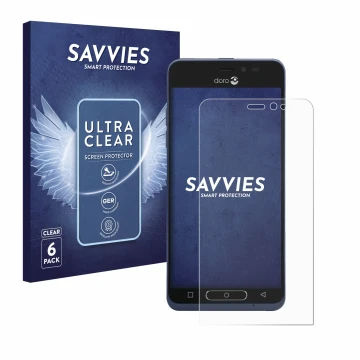 Parte frontal de un envase de producto con el logotipo de la marca Savvies. Al lado se muestra el dispositivo Doro 8035 con su
